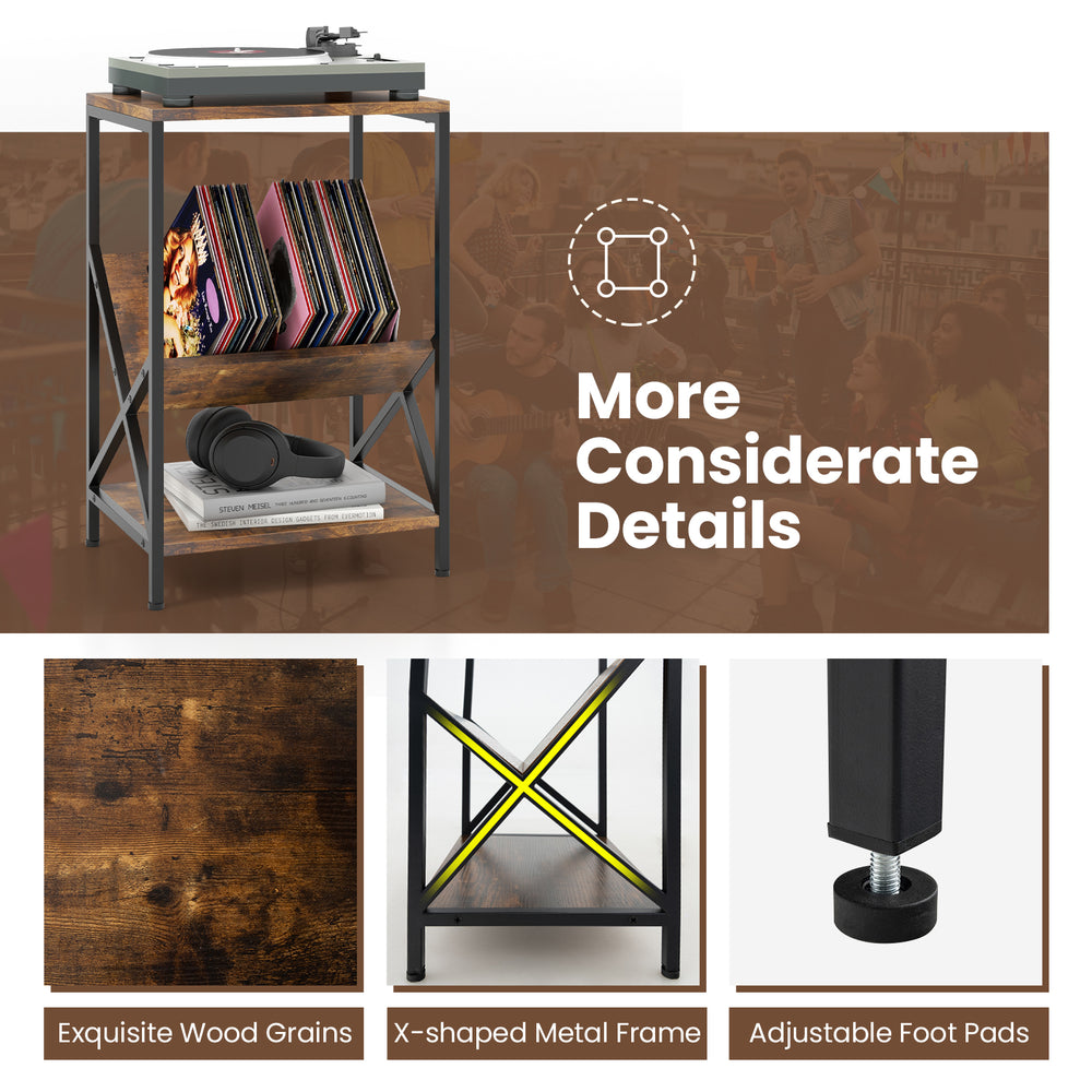 3-tier industrial side table in rustic brown with V-shaped bookshelf, adjustable feet, and solid steel frame for.