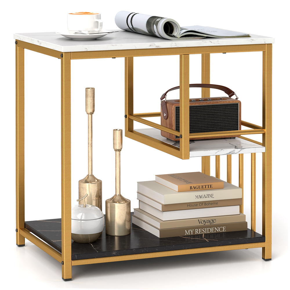 L-shaped marble end table with gold steel frame, showcasing books and decorative items, perfect for stylish storage.