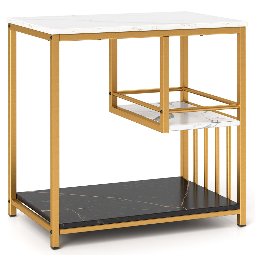 L-shaped 3-tier marble end table with gold steel frame and storage shelf, perfect for living room or bedroom use.