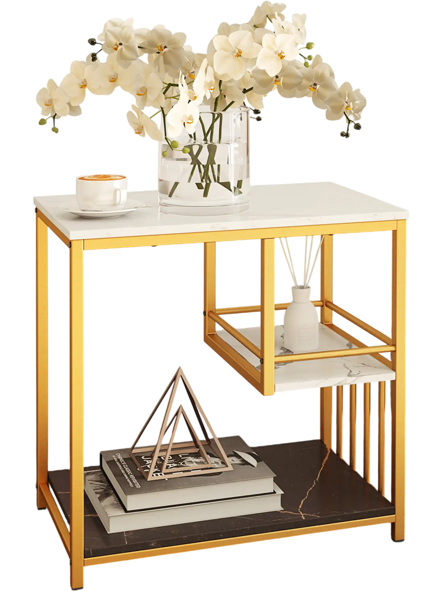Costway 3-Tier Marble End Table w/ Storage Shelf Golden 65328704 New