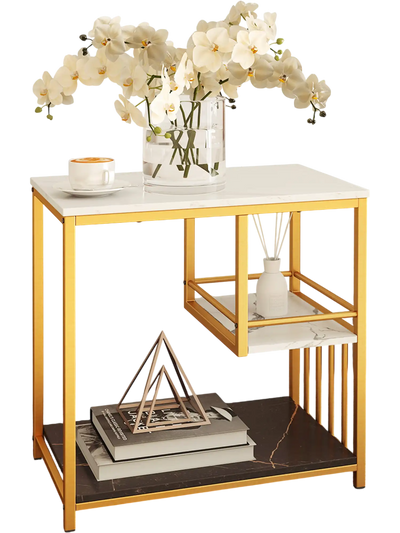 Costway 3-Tier Marble End Table w/ Storage Shelf Golden 65328704 New