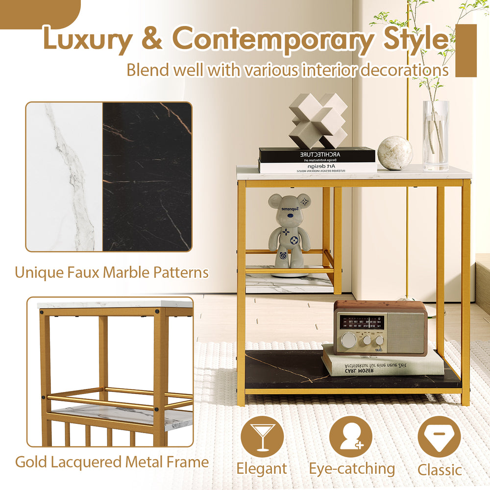 3-tier marble end table with golden metal frame, featuring unique faux marble patterns, ideal for living room or.