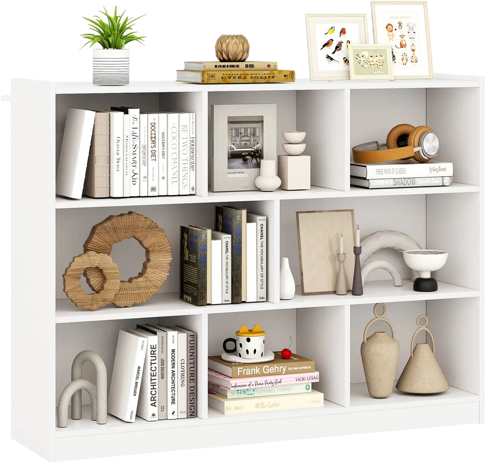 3-tier open bookcase with 8 cubes in white, perfect for organizing and displaying items in any room.