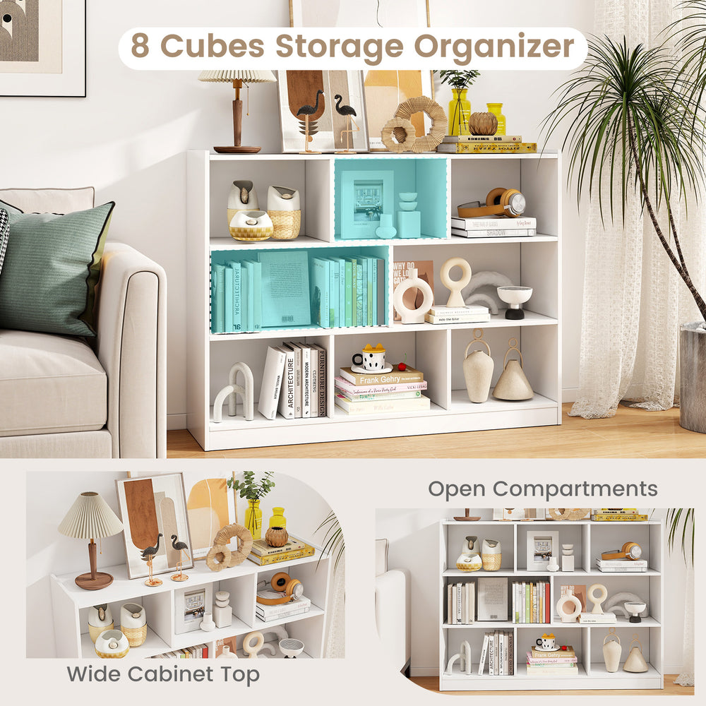3-tier open bookcase with 8 cubes in white, perfect for storage and display in living room or bedroom.