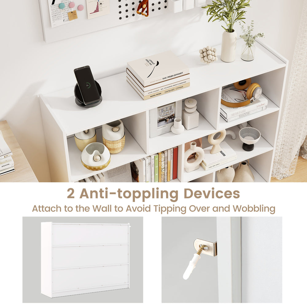 3-tier open bookcase in white with 8 cubes, featuring anti-tipping devices for stability and safety in any room.