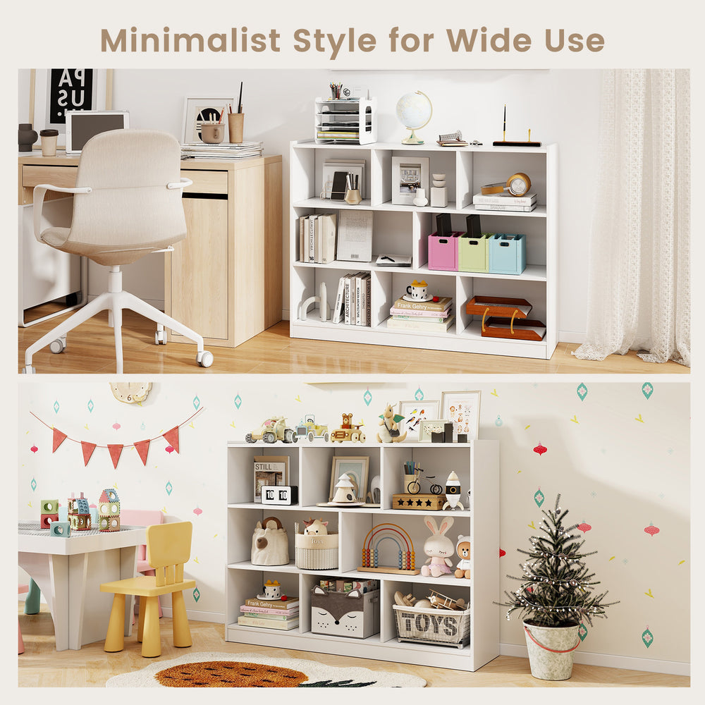 3-tier open bookcase with 8 cubes in white, ideal for storage and display in living room or kid's room.