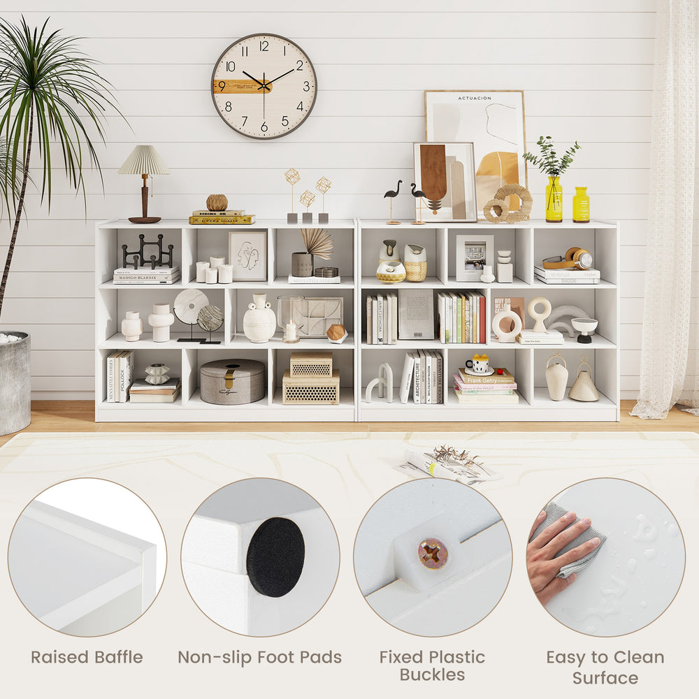 3-tier open bookcase in white with 8 cubes for storage, featuring a smooth top for display and non-slip foot pads.