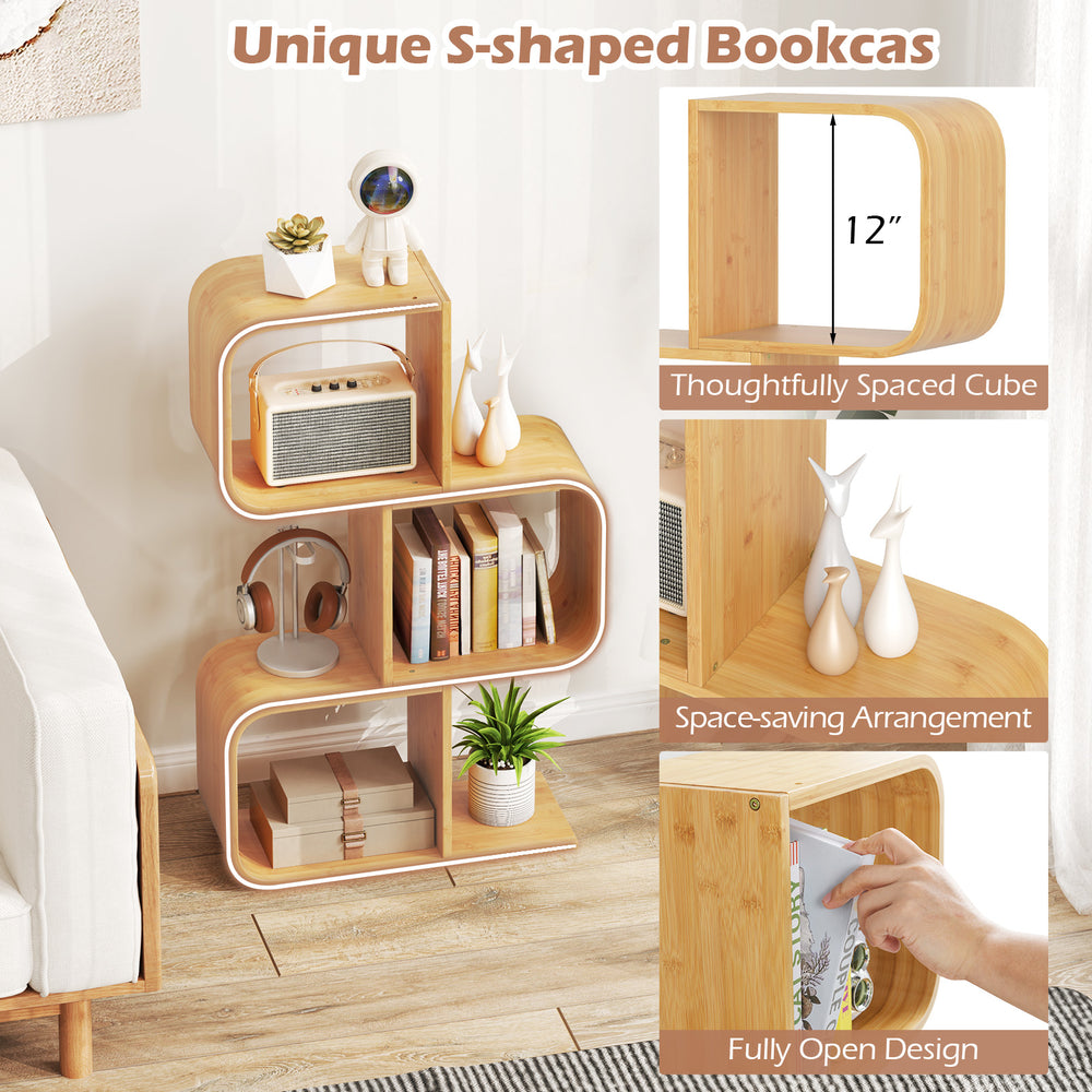Unique S-shaped bookcase in natural bamboo, featuring 3 open cubes and a fully open design for versatile storage.