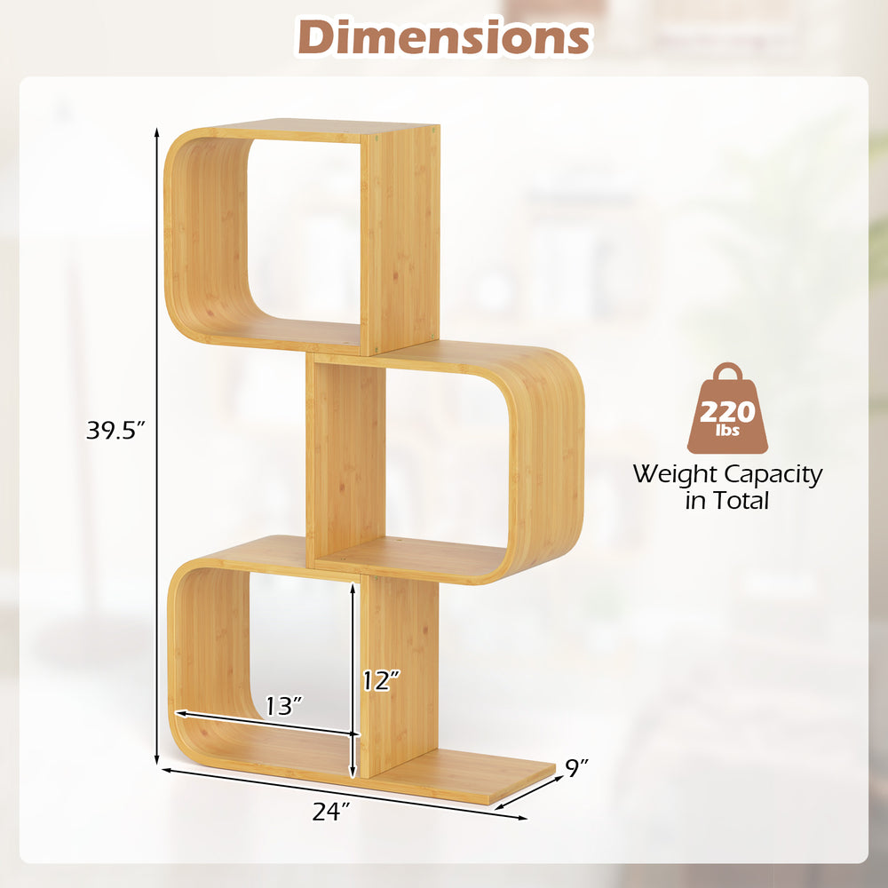 3-tier S-shaped bookcase in natural bamboo, featuring 3 open cubes, designed for space-saving in living rooms or.