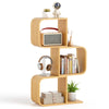 S-shaped bookcase in natural bamboo with open cubes, showcasing stylish design and ideal for corner spaces in any room.