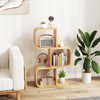 S-shaped 3-tier bookcase in natural bamboo with open cubes, perfect for organizing items in living room or office.