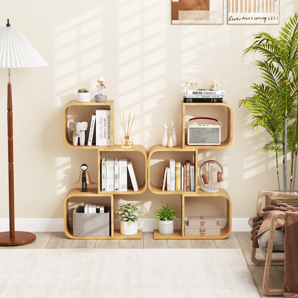 S-shaped 3-tier bookcase in natural bamboo with open cubes, perfect for organizing items in living rooms or offices.