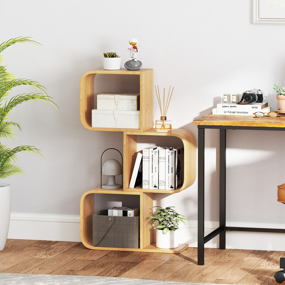 3-tier S-shaped bookcase in natural bamboo with open cubes, perfect for organizing items in living rooms or offices.