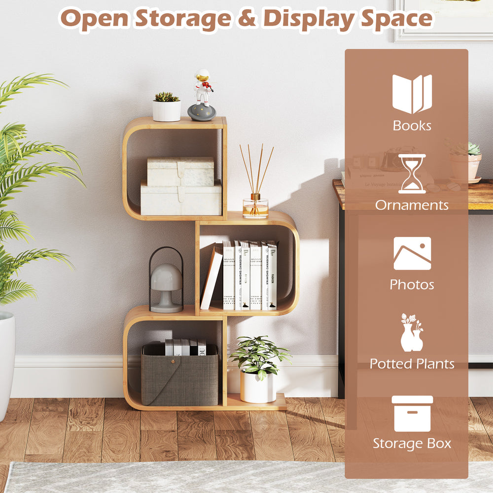 3-tier S-shaped bookcase in natural bamboo with open cubes, perfect for organizing books and decor in any room.