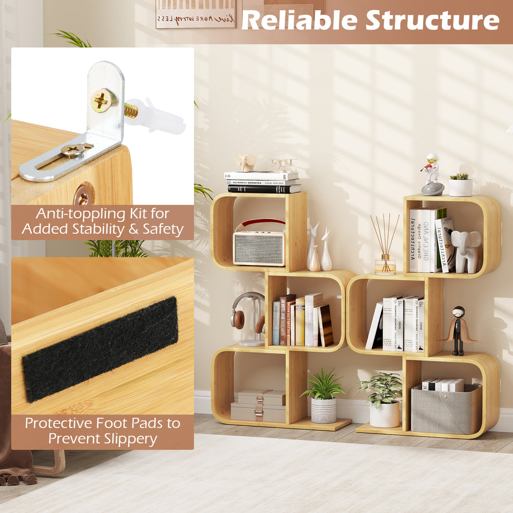 3-tier S-shaped bookcase in natural bamboo with open cubes, featuring anti-toppling kit and protective foot pads for.