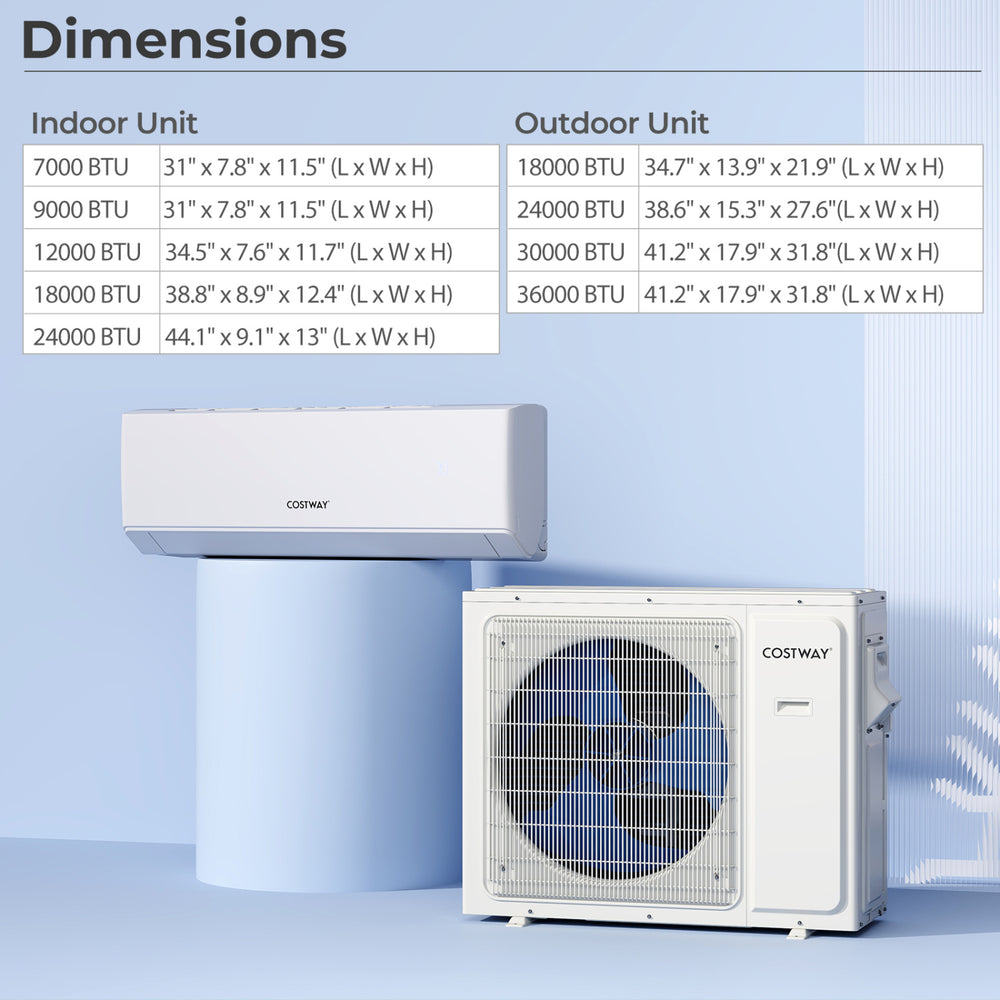 Dimensions chart for 30000 BTU 3 Zone Mini Split Air Conditioner, showcasing indoor and outdoor unit sizes.