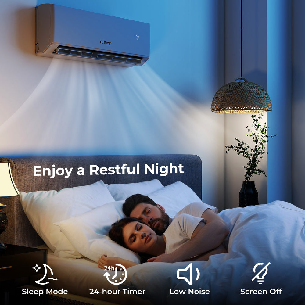 Mini split air conditioner in a bedroom, showcasing low noise operation and WiFi-enabled features for customized.
