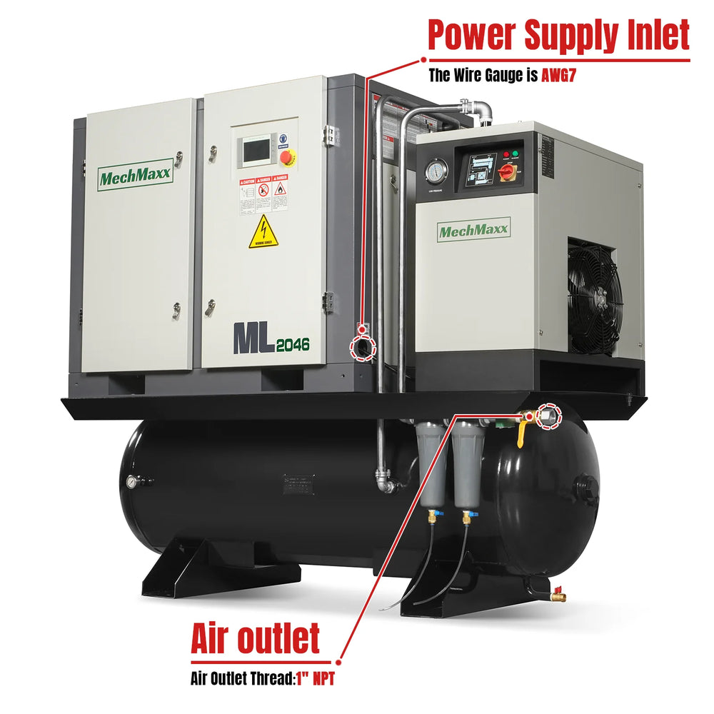20HP Combined Rotary Screw Air Compressor with Dryer & 105-Gal ASME Tank | 78 CFM,  116 PSI,  460V 3-Phase - Industrial Grade