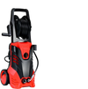 Electric high pressure washer in red with 3000 PSI, featuring a hose reel and five interchangeable nozzles for.