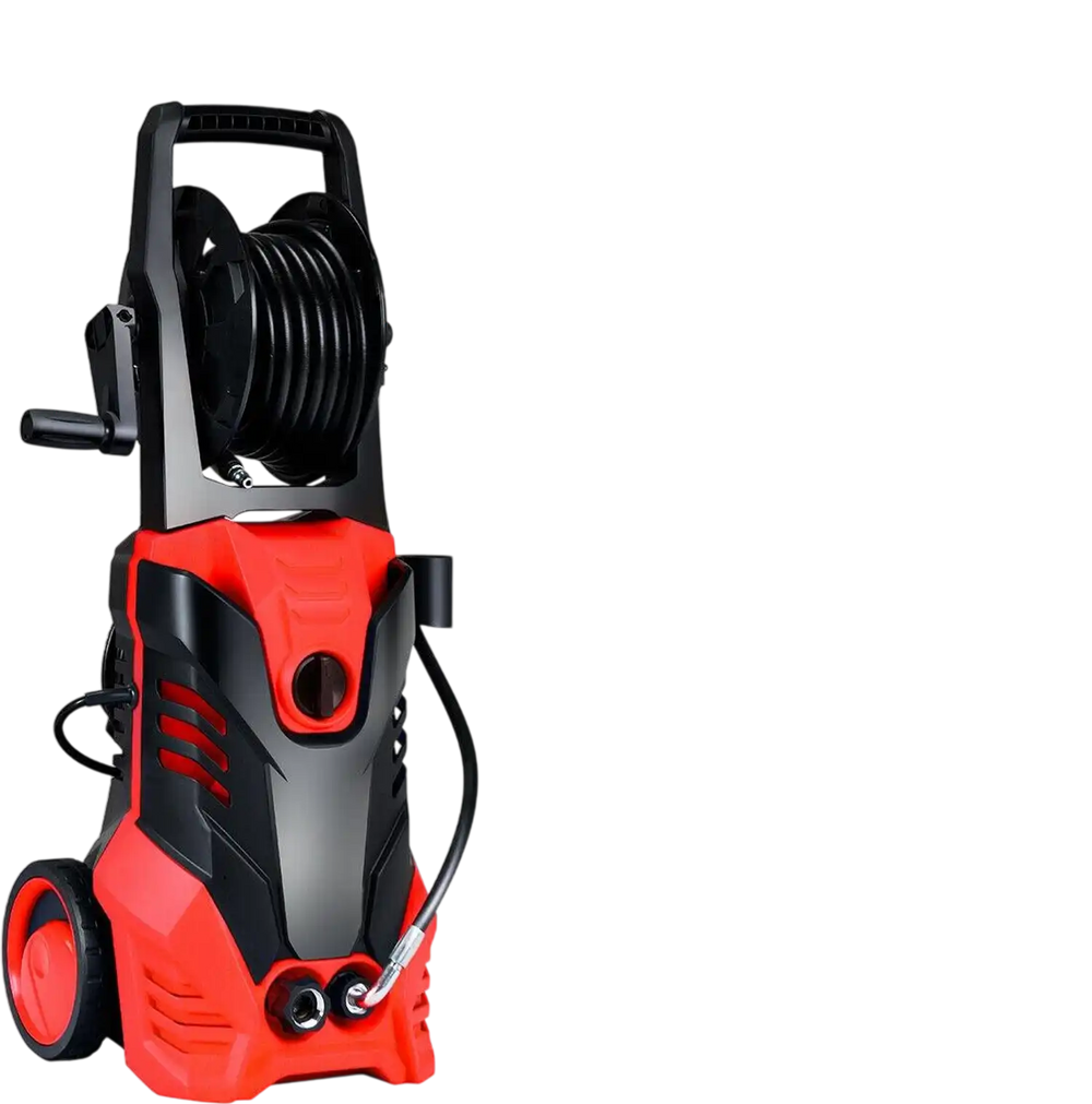 Electric high pressure washer in red with 3000 PSI, featuring a hose reel and five interchangeable nozzles for.