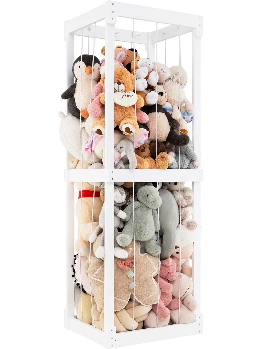 Large white stuffed animal storage with open top and elastic cords, ideal for organizing toys in kids' rooms or.