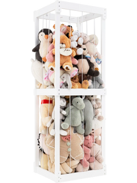 Large white stuffed animal storage with open top and elastic cords, ideal for organizing toys in kids' rooms or.