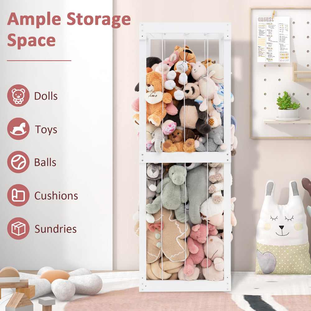 Large stuffed animal storage in white with open top and elastic cords, perfect for organizing toys and cushions.