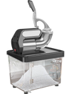 Commercial ice crusher with dual blades, 300W motor, and 10-gallon storage for efficient ice production.