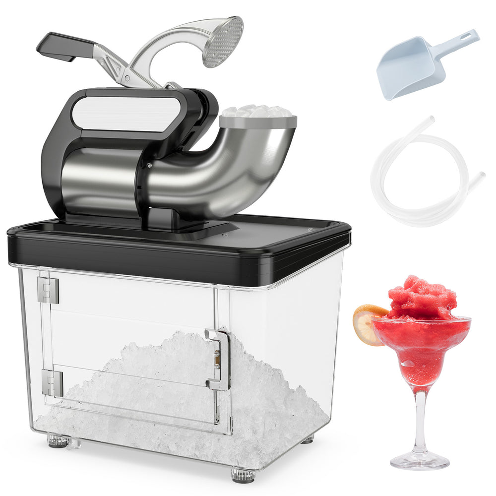 Commercial ice crusher with dual stainless steel blades, 10-gallon storage, and safety features for efficient ice.
