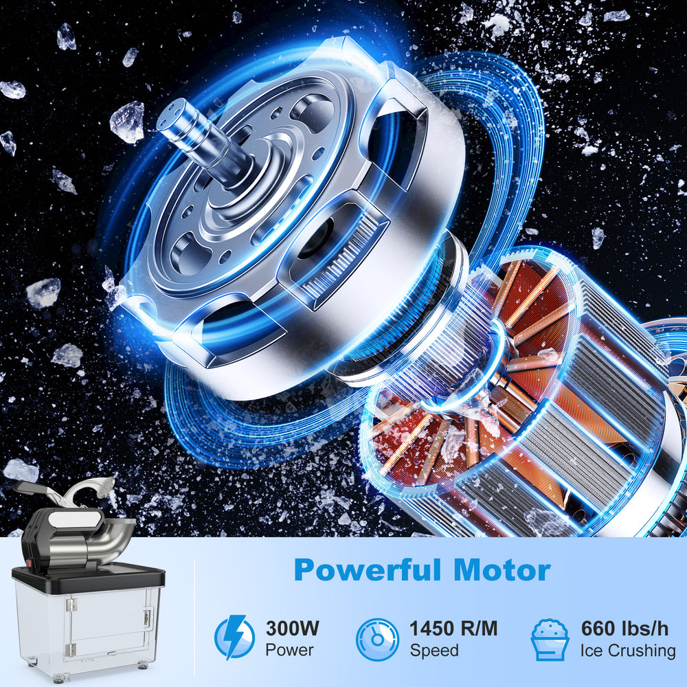 Close-up of the 300W commercial ice crusher motor showcasing dual blades and powerful 1450 R/M speed for efficient ice.