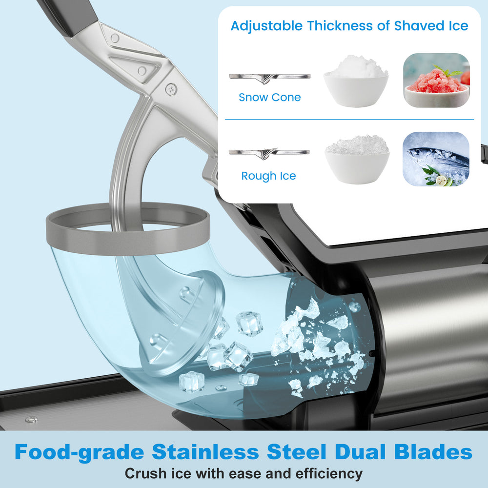 Food-grade stainless steel dual blades of the 300W ice crusher efficiently crush ice for commercial and domestic use.