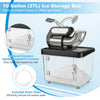 300W commercial ice crusher with dual blades and 10-gallon storage box, featuring a non-slip handle and drain hose.