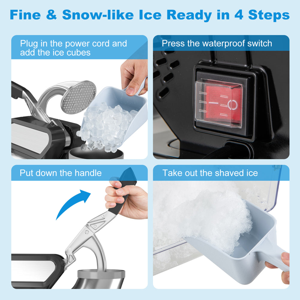 300W commercial ice crusher with dual blades, showcasing ice preparation steps for efficient ice shaving and storage.