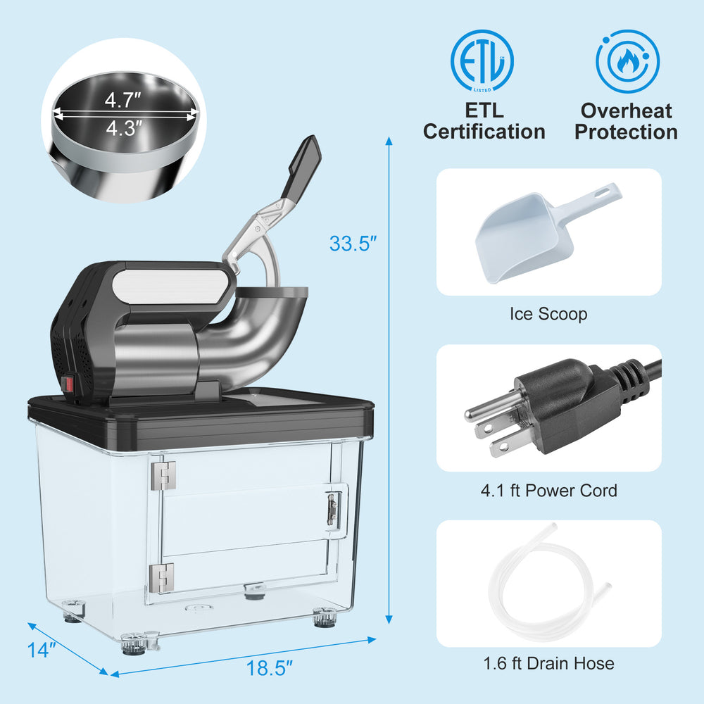 Side view of the 300W commercial ice crusher displaying the clip-on door and ice scoop for easy access to crushed ice.