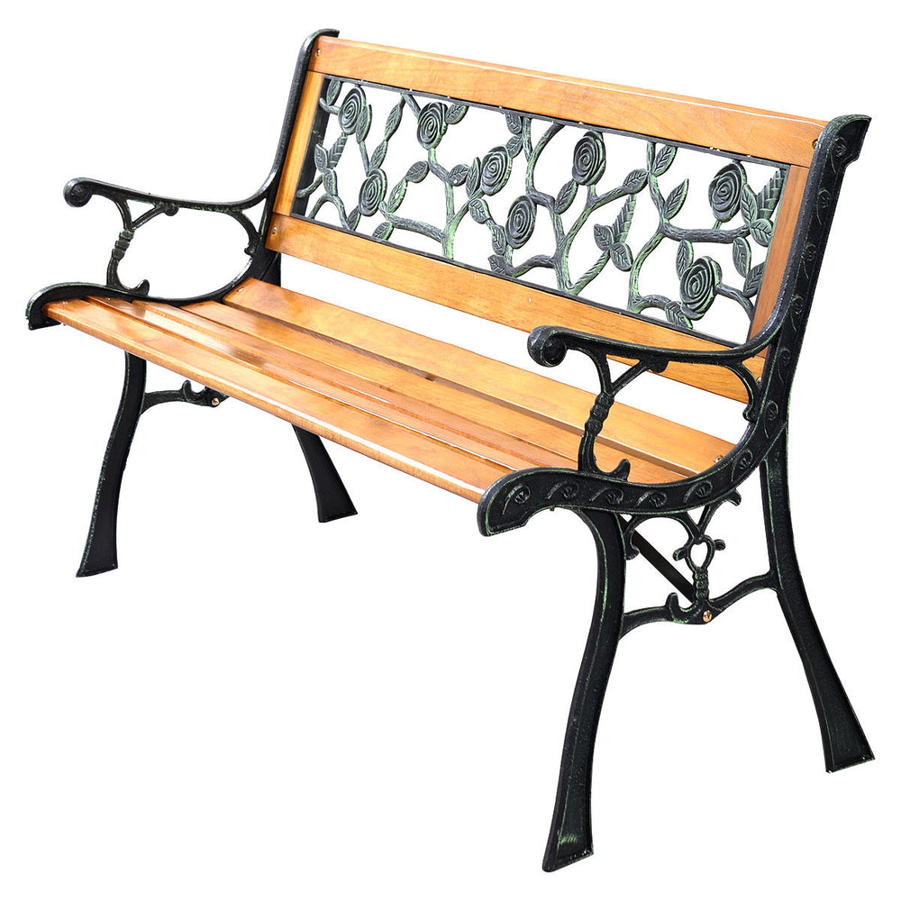 Patio park garden bench with iron cast structure and solid wood seat, comfortably seating three adults.