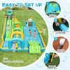 Inflatable tropical water slide with dual slides, splash pool, and fun obstacles for outdoor summer play.