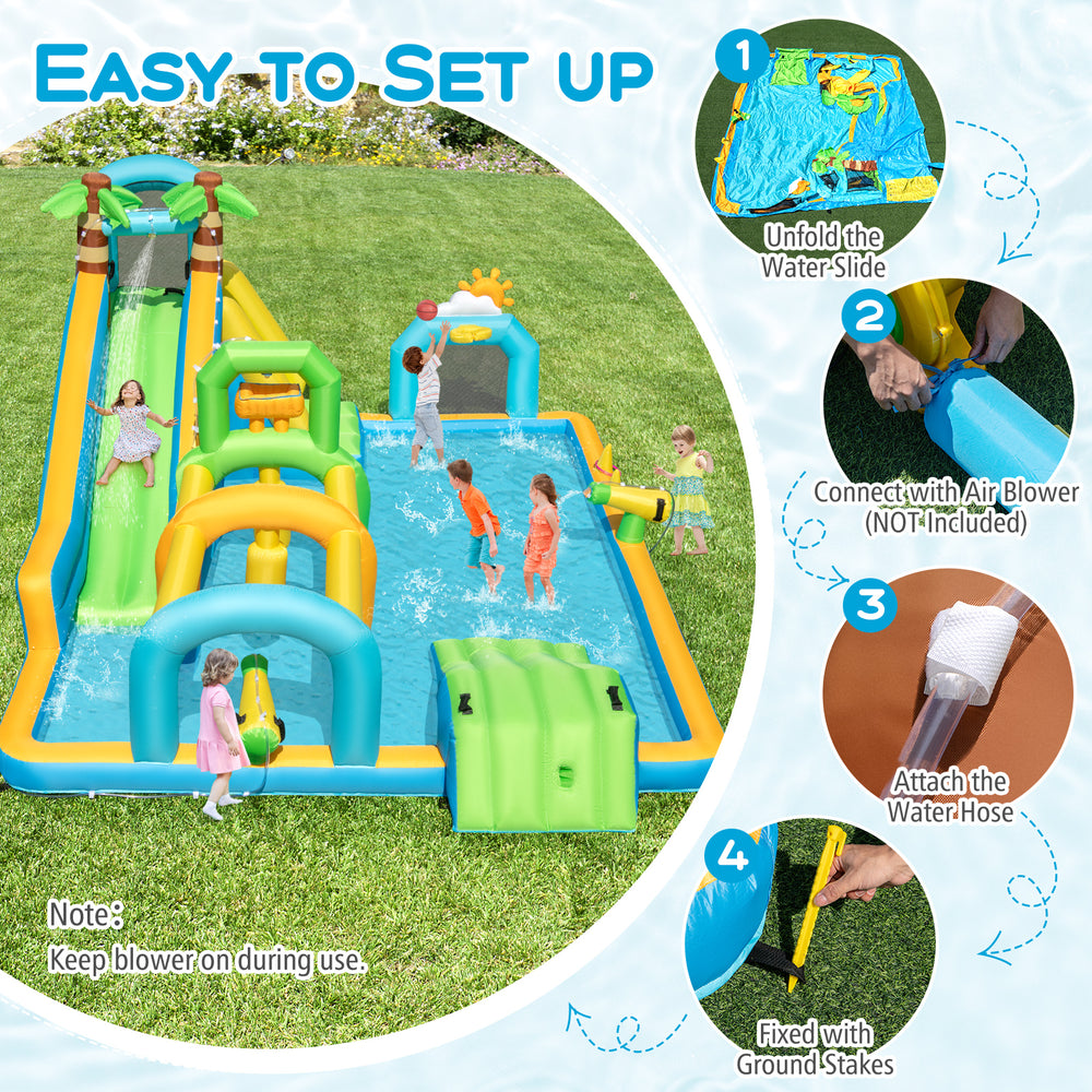 Inflatable tropical water slide with dual slides, splash pool, and fun obstacles for outdoor summer play.