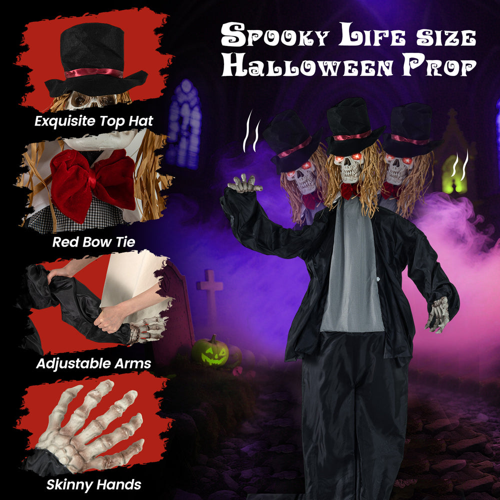 Life-size Halloween animatronic groom with moving head, red bow tie, and poseable arms for haunted house decoration.