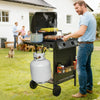 Outdoor propane gas grill on wheels with 30,000 BTU, featuring a side burner and spacious cooking zone for versatile.