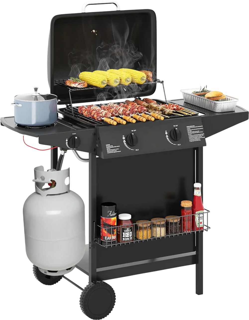 Propane gas grill with 30,000 BTU output, two burners, side table, and large wheels for easy mobility.