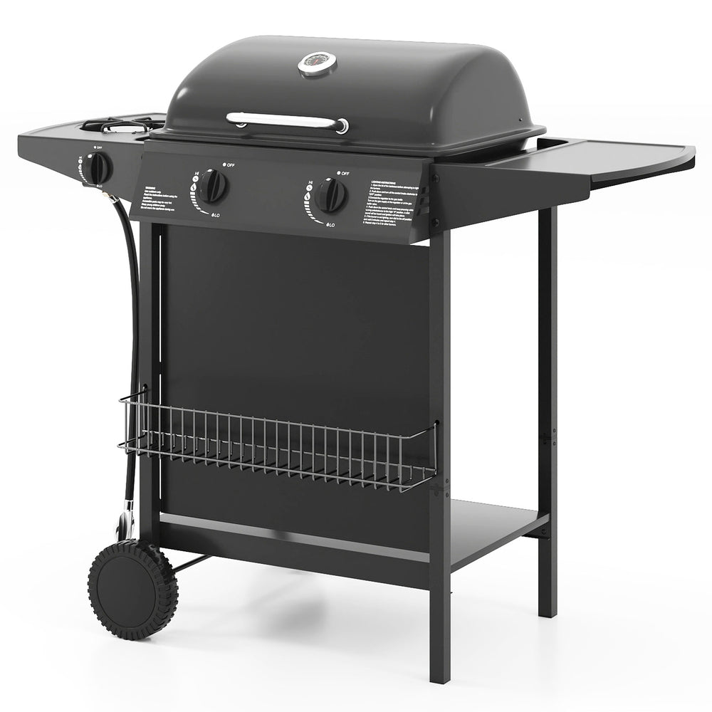 Black 30,000 BTU outdoor propane gas grill with two burners, side burner, and large wheels for easy mobility.