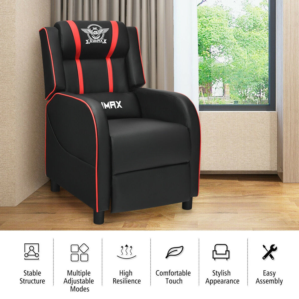 Single red massage racing gaming recliner chair with adjustable backrest and ergonomic design for ultimate relaxation.