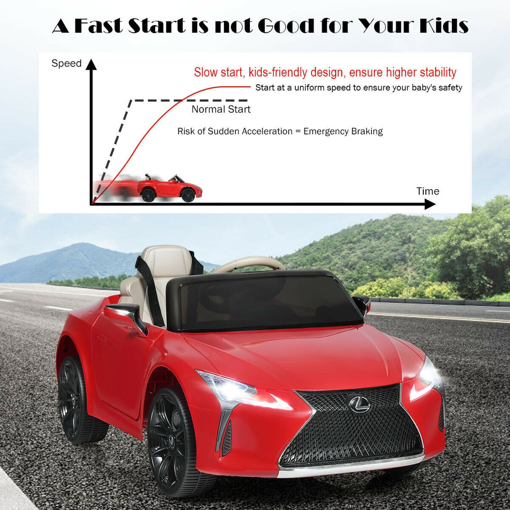 Red Lexus LC500 kids ride-on car with remote control, featuring slow start technology and spring suspension for safety.