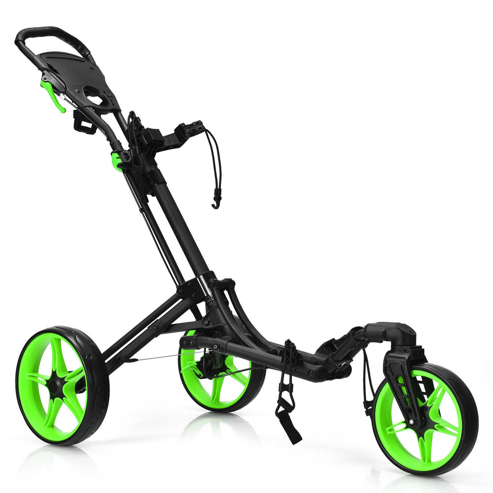Folding golf push cart with green wheels, adjustable handle, and scoreboard holder for easy maneuverability on the.
