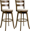 Set of 2 30.5-inch swivel barstools with backrest, upholstered seat, and solid rubberwood construction for kitchen use.