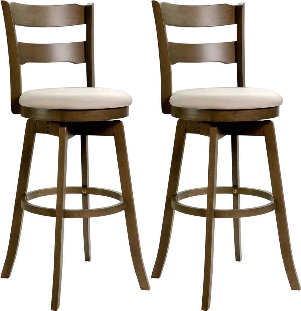 Set of 2 30.5-inch swivel barstools with backrest, upholstered seat, and solid rubberwood construction for kitchen use.
