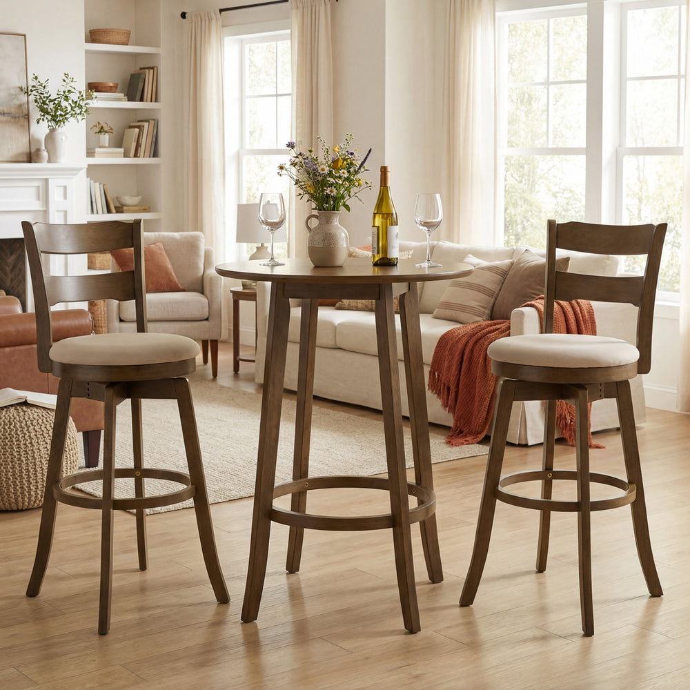 Set of 2 30.5-inch swivel barstools with backrest and upholstered seat, featuring solid rubberwood construction for.