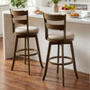 30.5-inch swivel barstools with a timeless wood design, showcasing the upholstered seat and backrest from a side view.