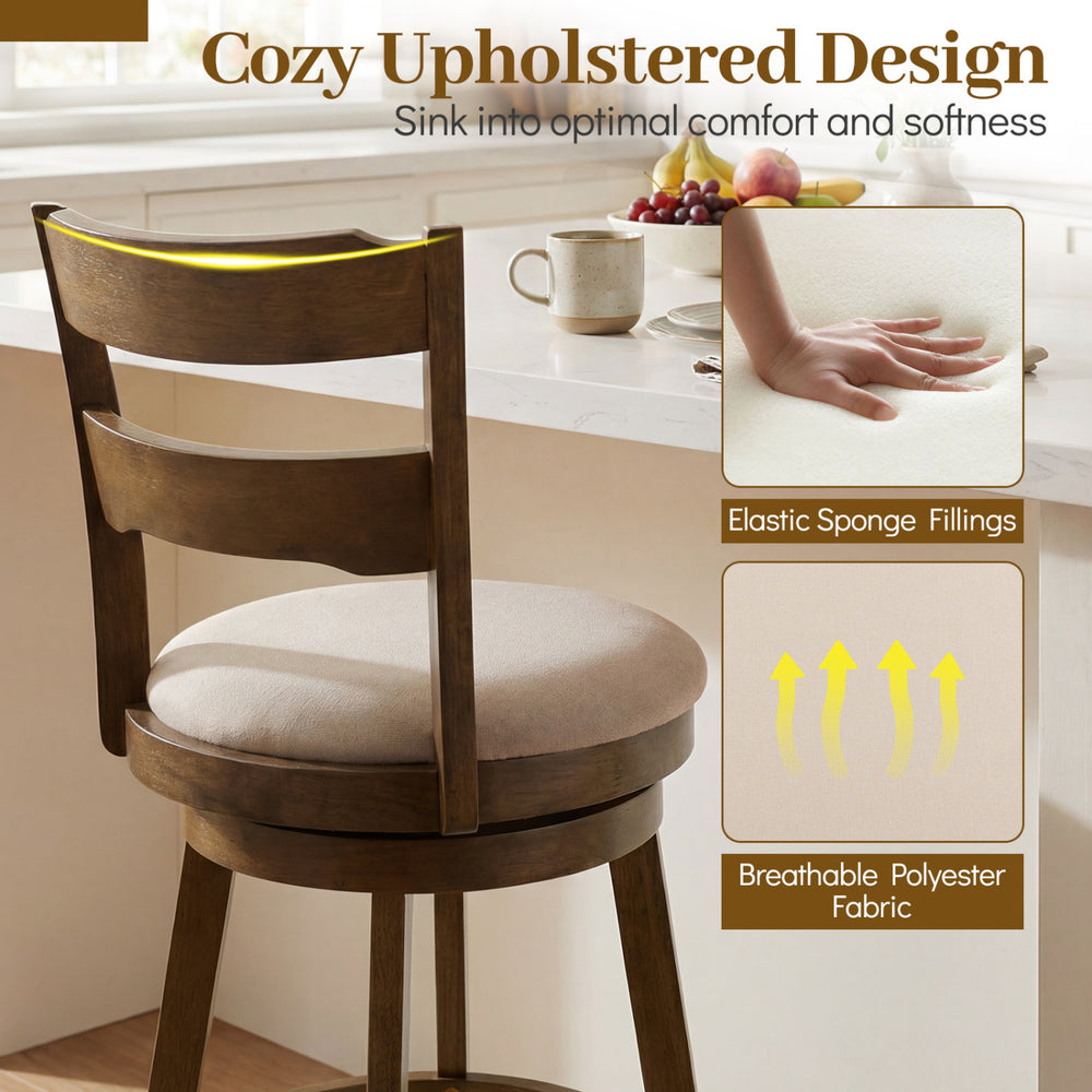 30.5-inch swivel barstool with upholstered seat and backrest, featuring breathable polyester fabric for optimal comfort.