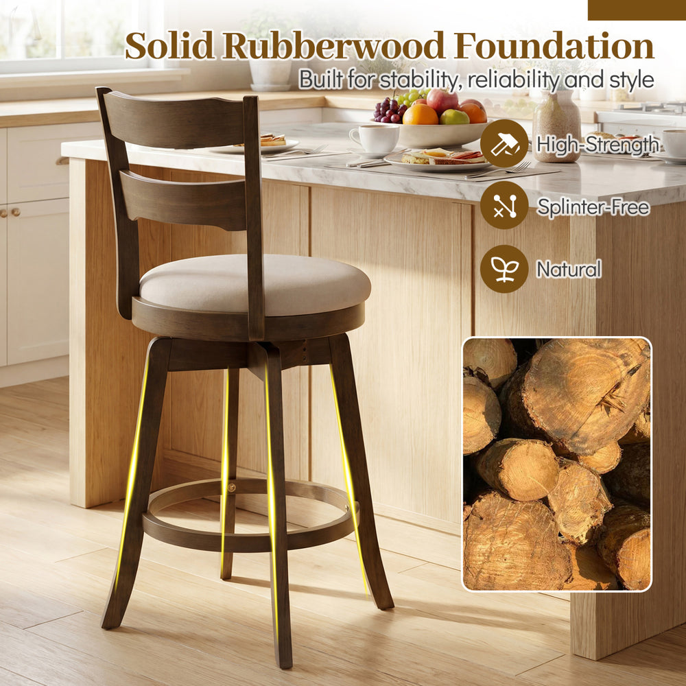 30.5-inch swivel barstool with upholstered seat and backrest, featuring solid rubberwood construction for kitchen use.